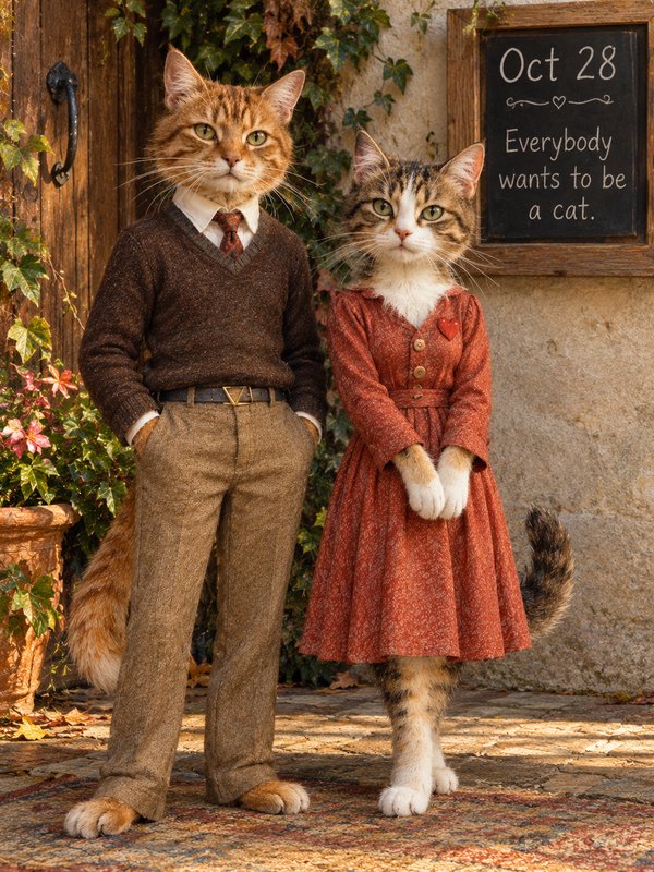 Anthropomorphic tabby cat couple in vintage clothing stand on a sunlit cottage porch.