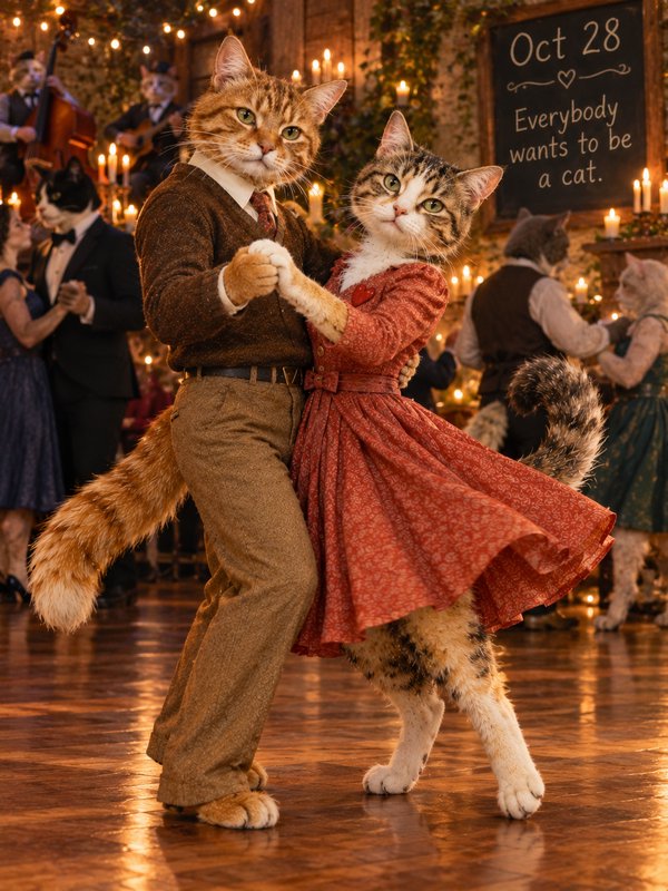 Anthropomorphic tabby cat couple dancing together at a warm candlelit vintage cat dance party