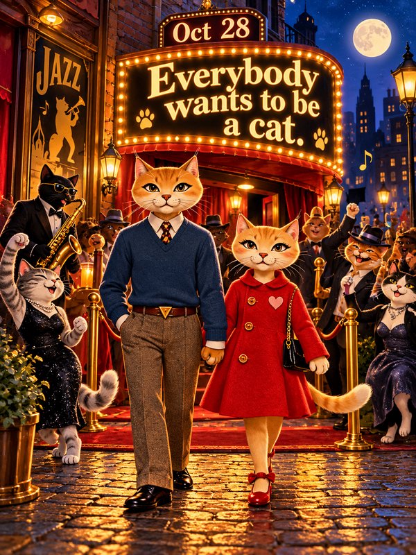 Anthropomorphic cat couple walk a red carpet outside a glowing vintage jazz theater marquee at night