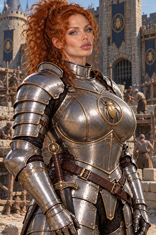 Curly red-haired female knight in detailed steel armor stands before a medieval castle under cons...