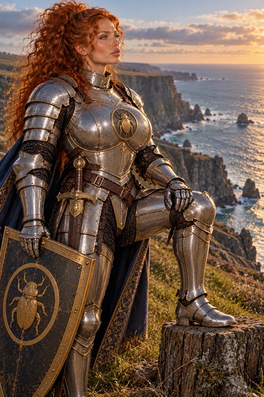 Female knight in ornate steel armor holds a heraldic shield standing on a coastal clifftop at sunset