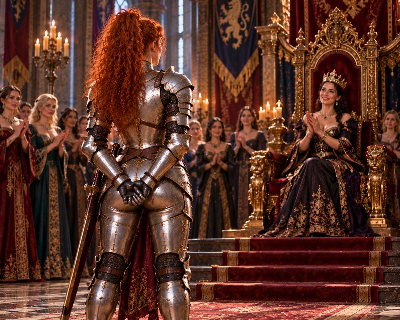 Red-haired female knight in steel armor stands before a seated queen receiving applause in a roya...
