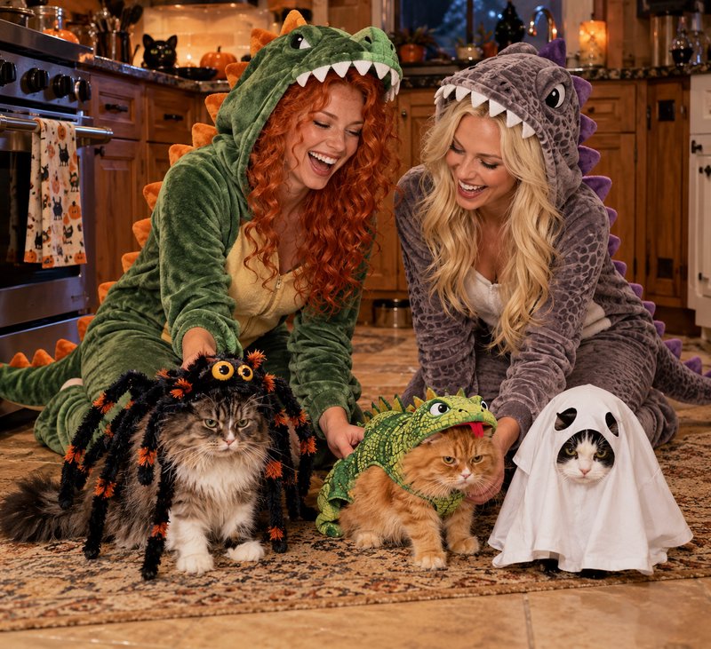 Two women in plush dinosaur onesies kneel with cats in silly Halloween costumes in a cozy fall ki...