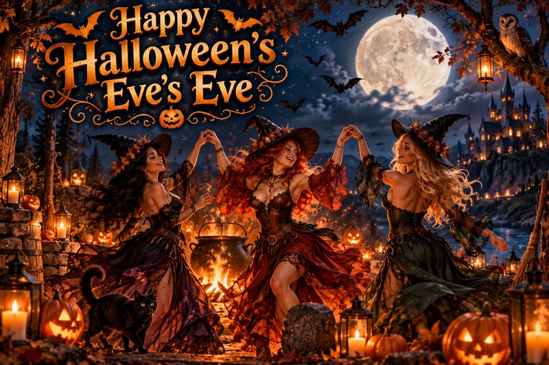 Three laughing dancing witches celebrate Halloween's Eve's Eve under a glowing full moon surround...