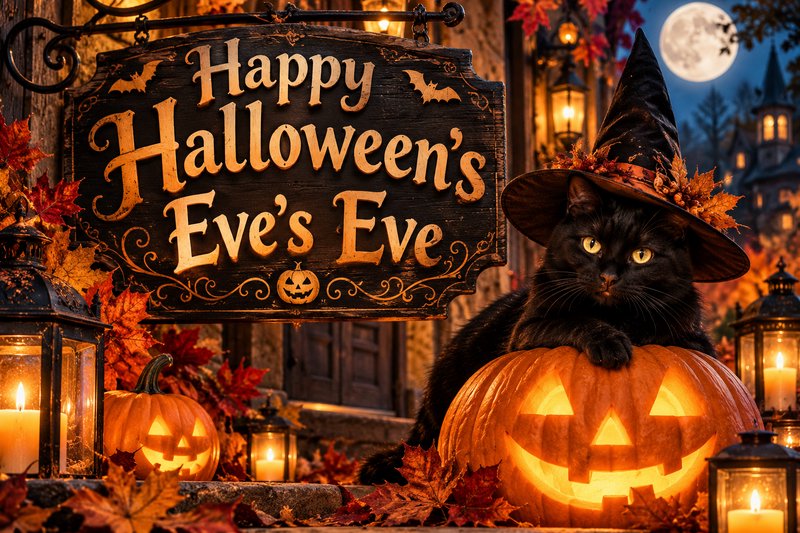Black cat in a decorative witch hat rests on a glowing jack-o'-lantern beside a festive Halloween...