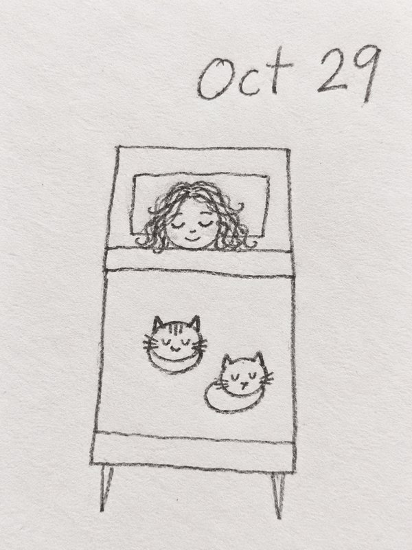 Hand drawn pencil sketch of a girl sleeping in bed with two curled up cats, dated Oct 29