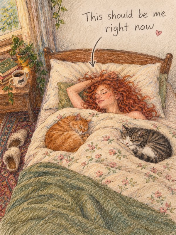 Curly red haired woman rests peacefully in bed with two sleeping cats under a playful relatable t...
