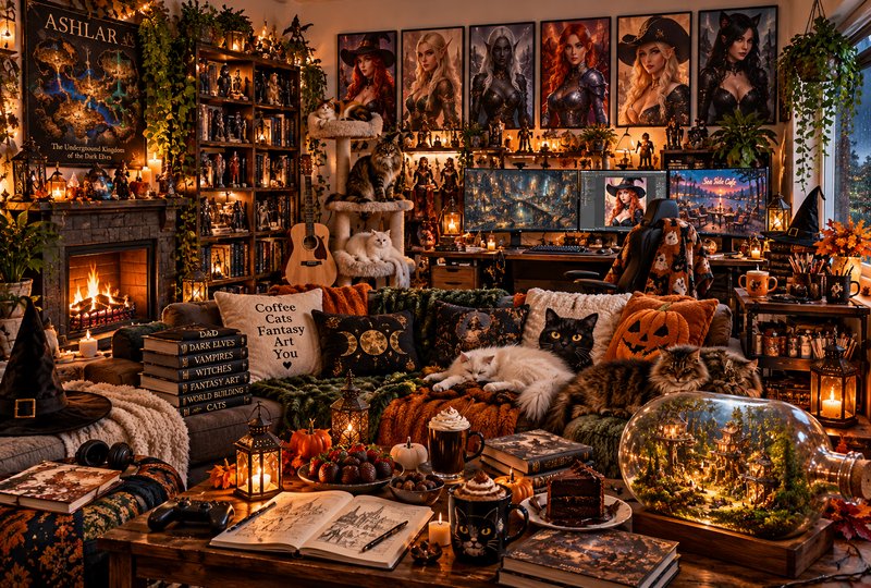 Cozy maximalist dark fantasy living room with cats, lit fireplace, fall decor, gaming setup and w...