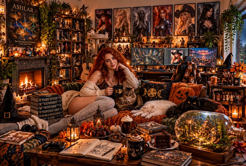 Red haired fantasy artist relaxes on a plush couch with three cats in a warm witchy fall gaming room