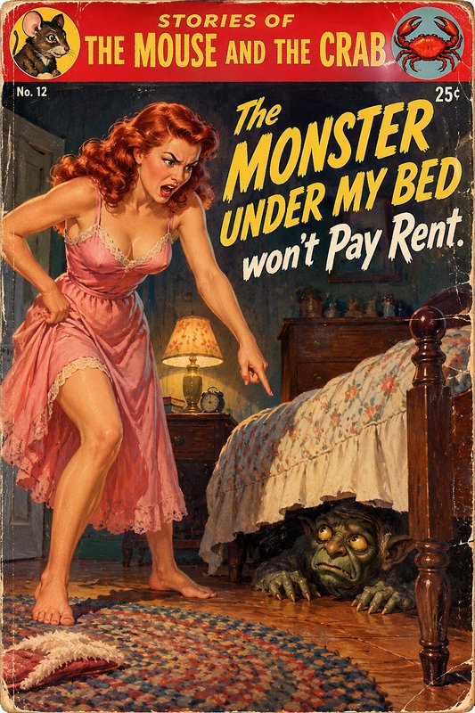 Retro pulp comic cover showing an angry redheaded woman scolding a sad monster peeking out from u...