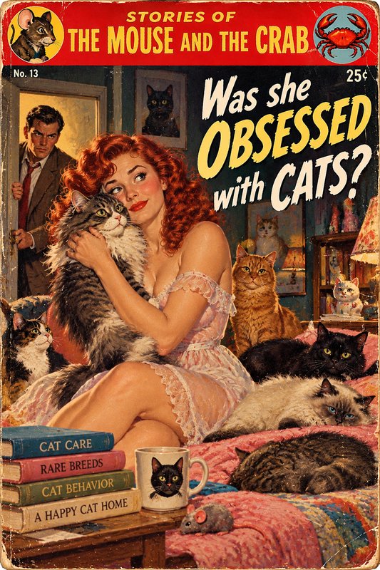 Vintage pulp comic cover of a cat-obsessed red-haired woman surrounded by cats as a man glowers i...