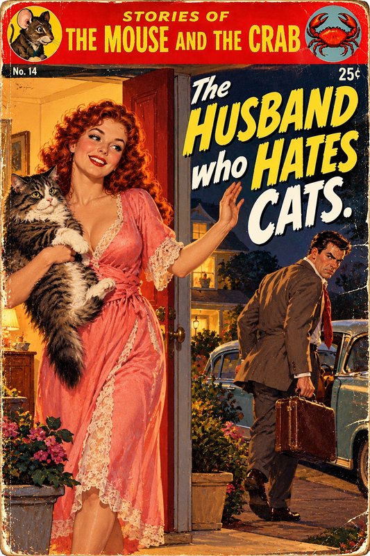 Vintage pulp comic cover of red-haired woman holding a tabby cat waving at an angry departing hus...