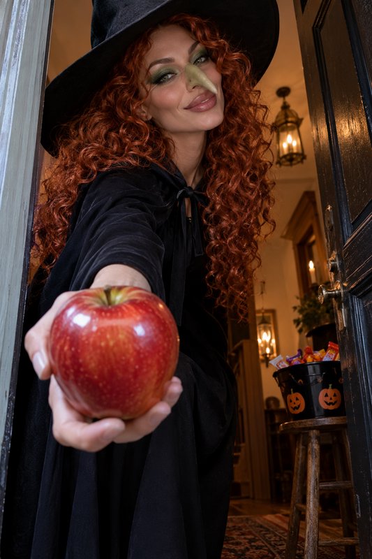 Witch in costume offering a fresh red apple from an open home front door on Halloween