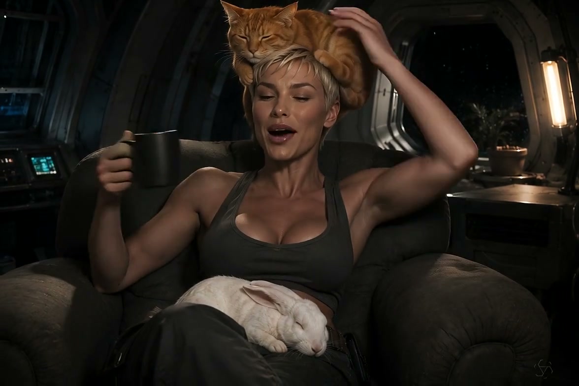 Relaxed blonde woman in a spaceship lounge holds a mug, with a ginger cat perched on her head and sleeping white rabbit