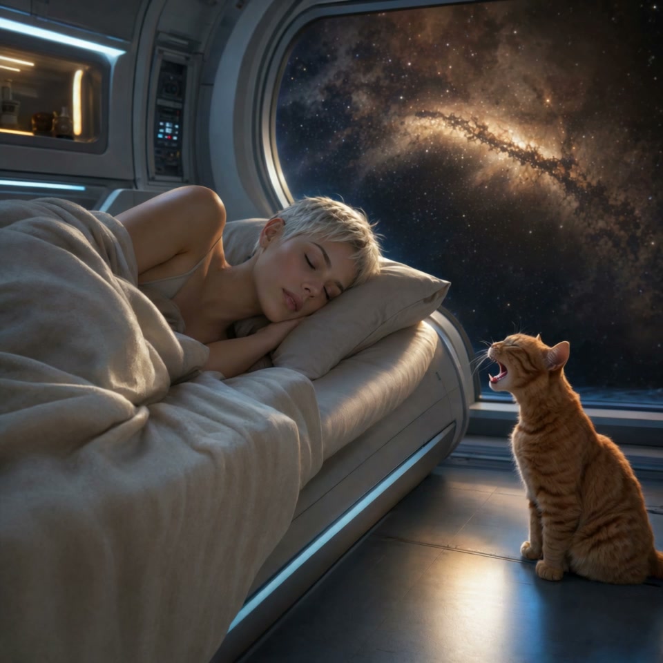 Woman sleeps in a futuristic spaceship bunk, yawning orange tabby cat sits beside her, starry galaxy nebula visible
