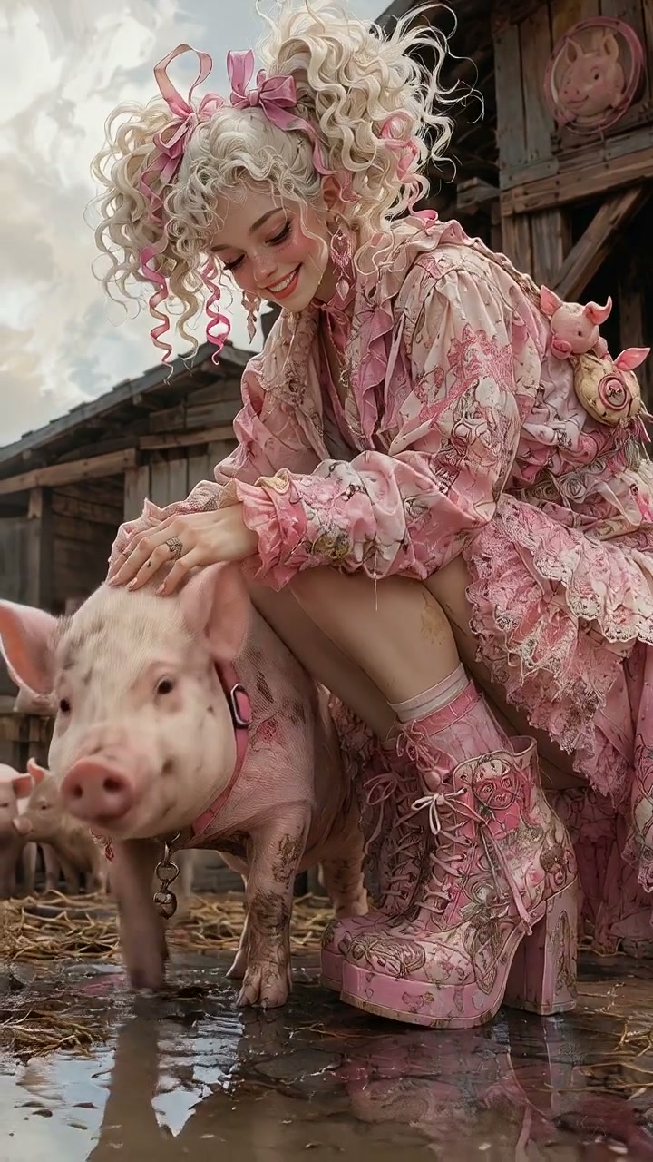 Curly-haired girl in frilly pink farmwear pets a pig in a muddy rustic barnyard outside a wooden barn.