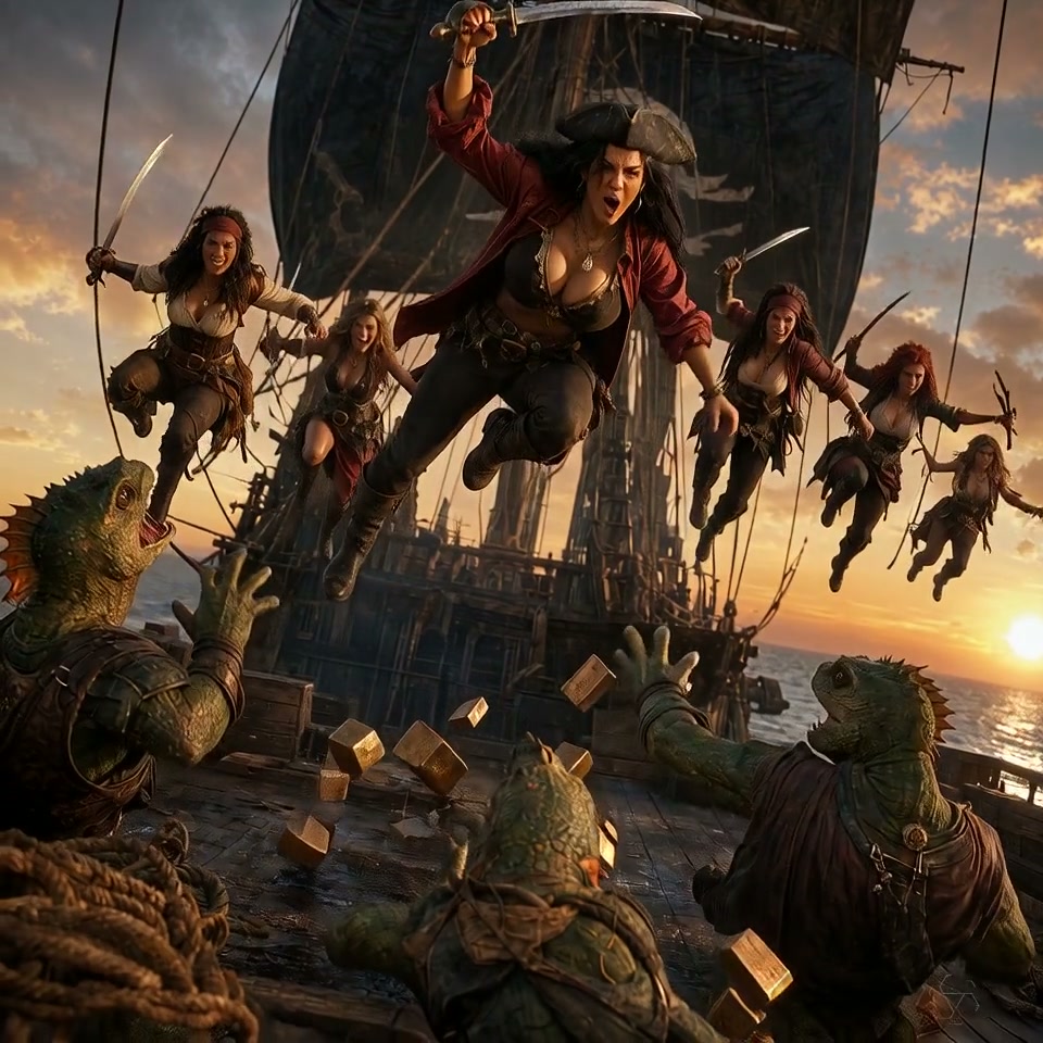 Fierce all-female pirate crew leaps from their galleon to attack lizardfolk raiders stealing gold bars at golden sunset