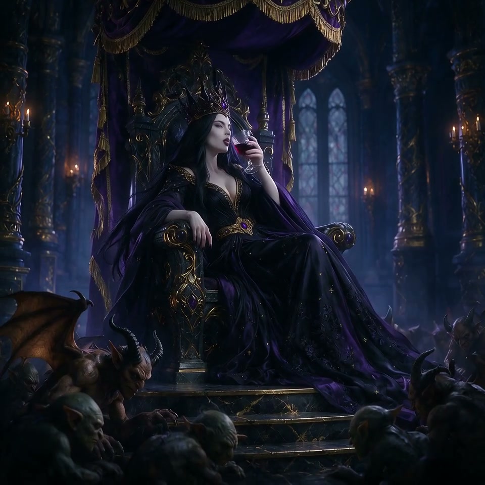 Vampire queen sits on ornate gothic throne drinking red wine as groveling demon subjects bow at her feet in a dark