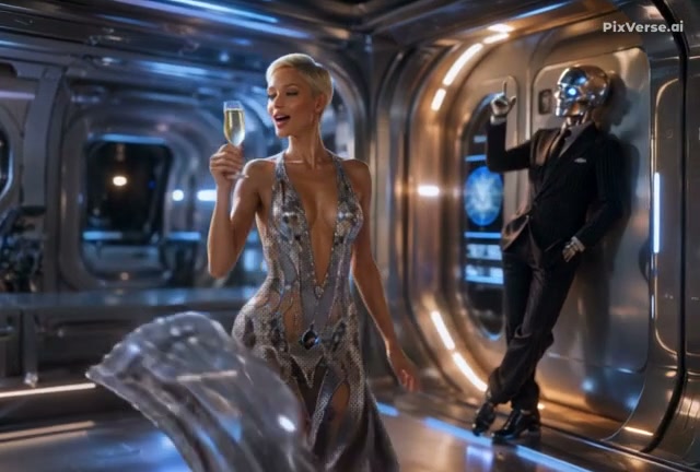 Glamorous woman holding champagne stands in a shiny futuristic spacecraft hallway beside a tuxedoed humanoid robot