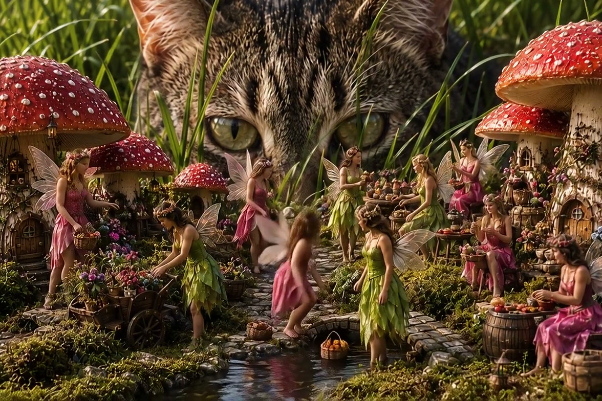 Giant tabby cat peeks over tall grass observing a bustling whimsical fairy village with fly agaric mushroom homes