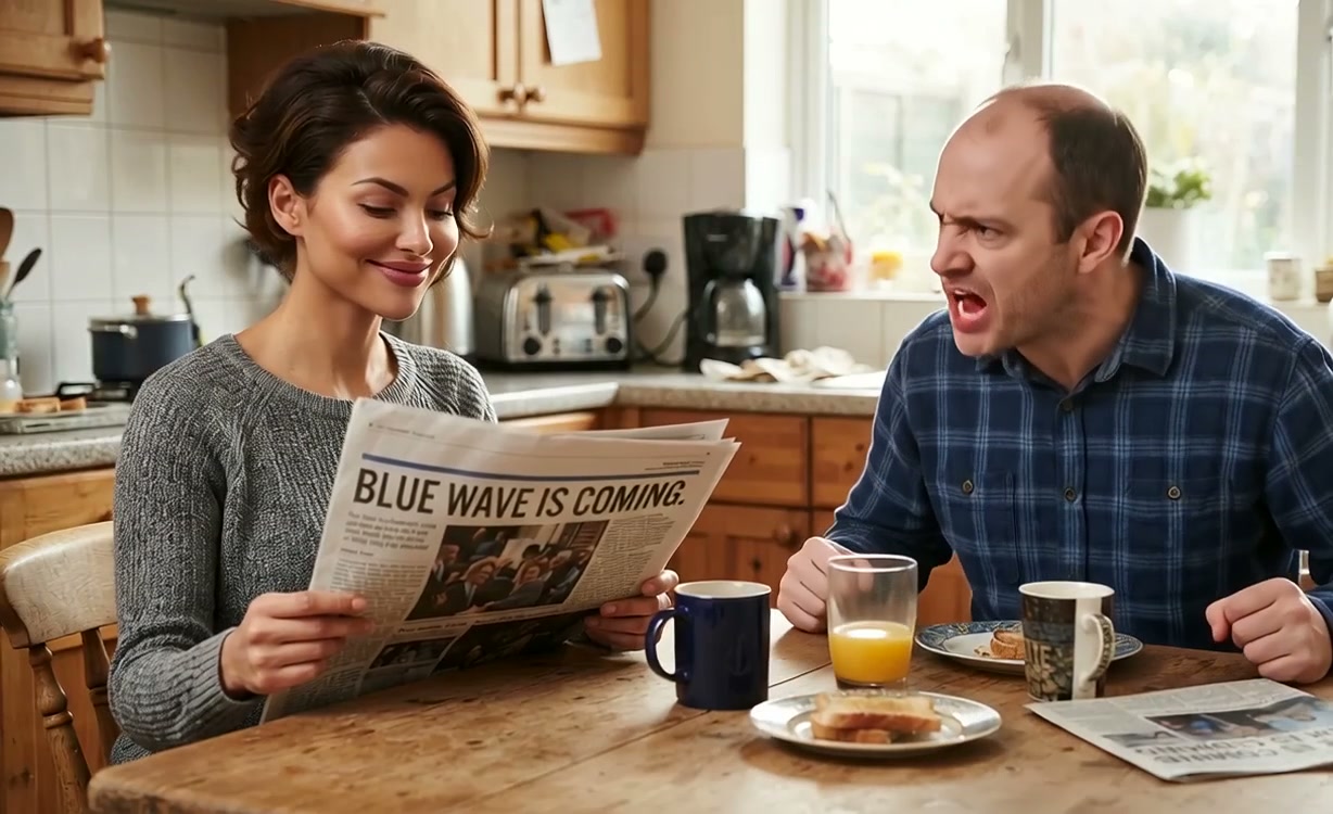 Couple at a home breakfast table, a man shouts angrily as a woman smiles reading a newspaper headlined "Blue Wave Is Coming"