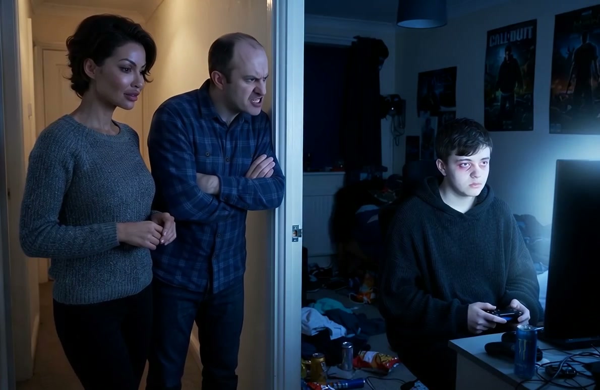 Frustrated parents stand in a doorway observing a sleep-deprived teen playing video games in a cl...