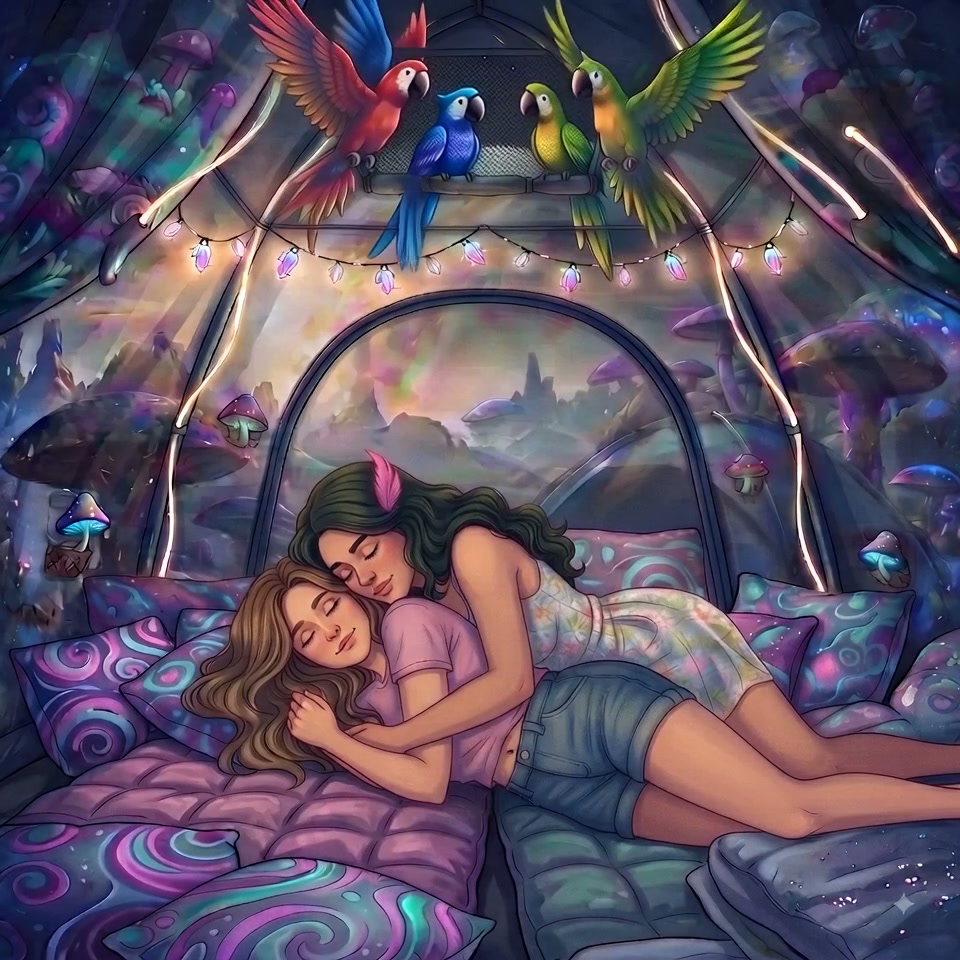 Illustration of a couple cuddling asleep inside a whimsical fairy-lit camper, with parrots and gl...