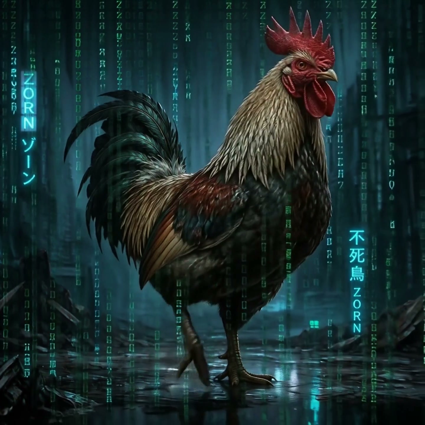 Realistic rooster standing amid cascading glowing green matrix code in a dark dystopian cyberpunk...
