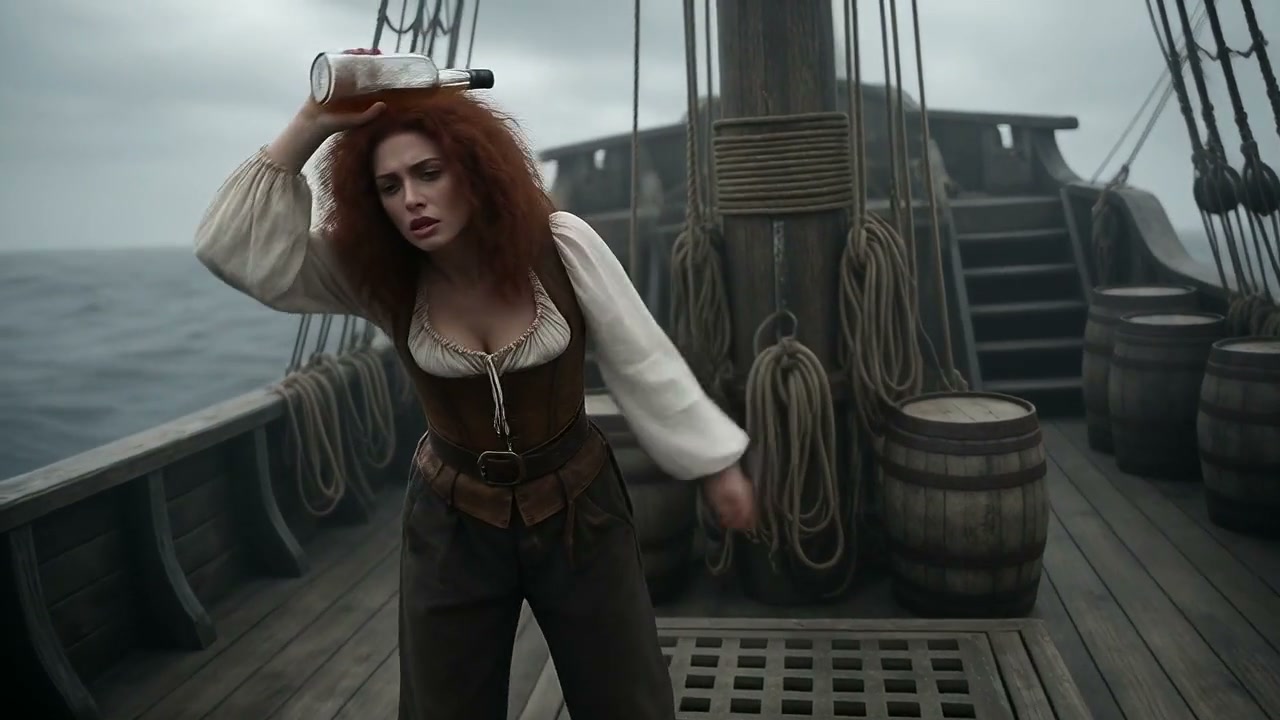 Red-haired female pirate balances a rum bottle on her head while standing on a weathered wooden t...