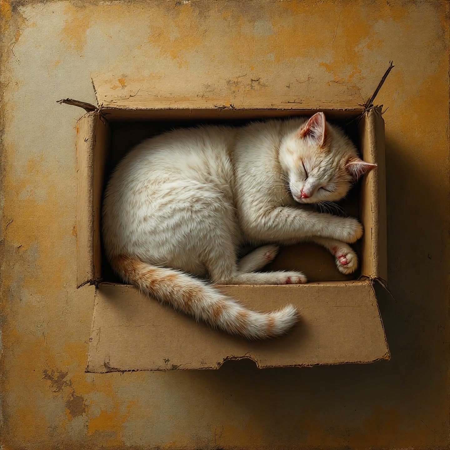 Overhead view of a fluffy cream and orange tabby cat fast asleep, curled comfortably inside a wor...