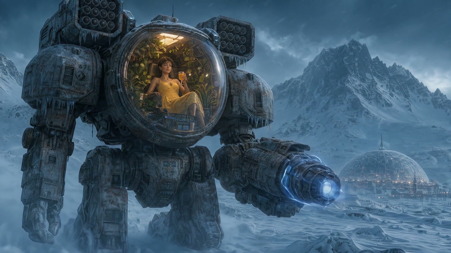 Woman in a yellow dress relaxes inside the heated cockpit of a giant weathered mech standing in a...