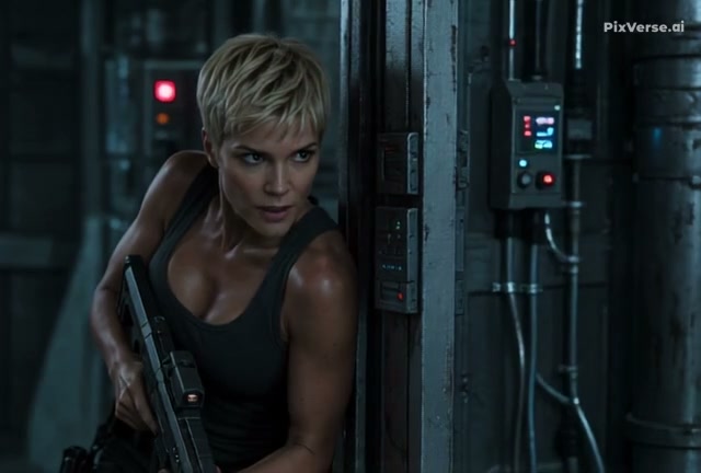 Muscular short blonde woman holds a futuristic rifle while taking cover in a dark industrial sci-...