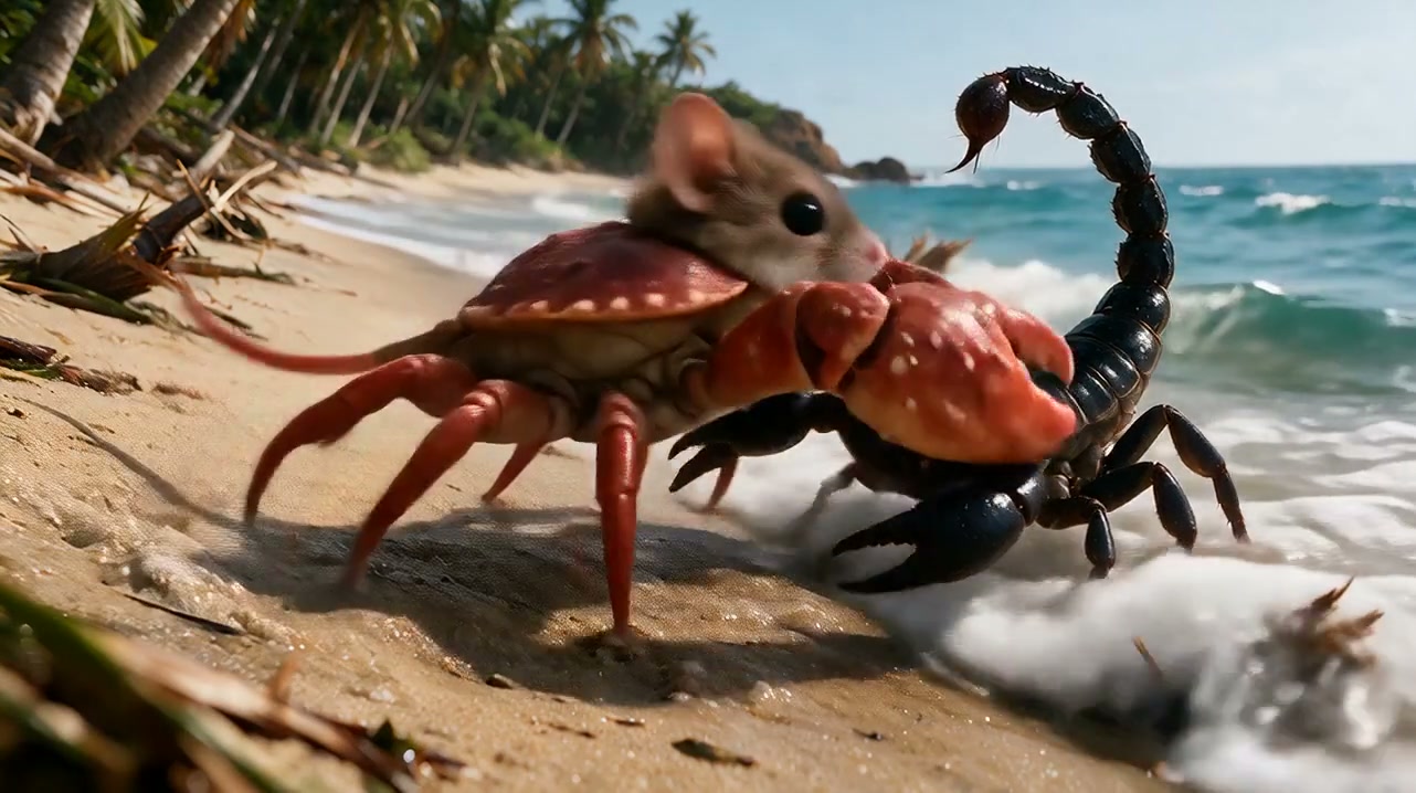 Surreal mouse-crab hybrid creature confronts a large black scorpion on a palm-lined tropical sand...