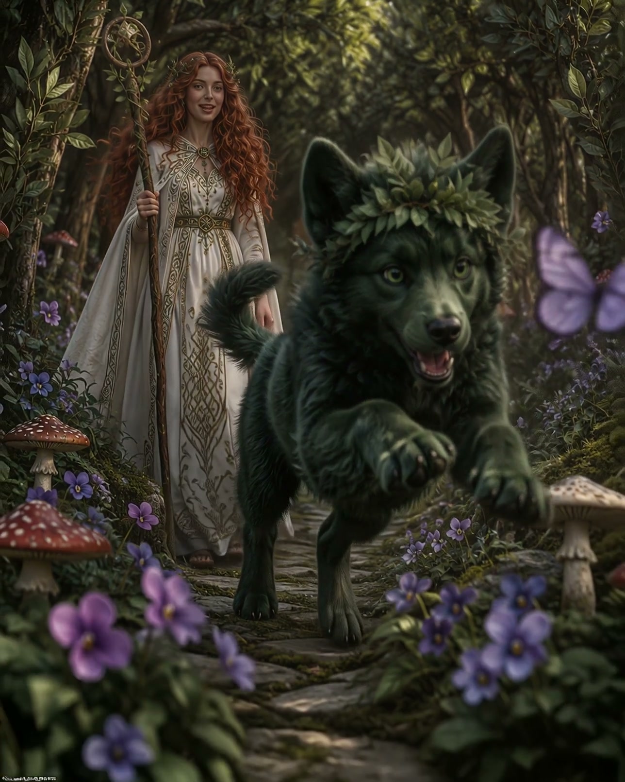 Red-haired forest druid with carved staff stands behind a playful leaf-crowned green wolf on an e...