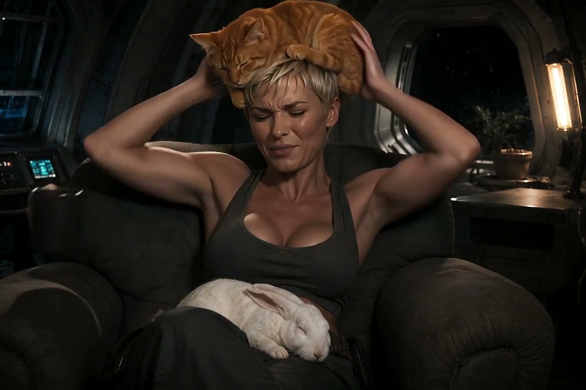 Woman in a spaceship cabin has a sleeping orange cat on her head, with a napping white rabbit res...