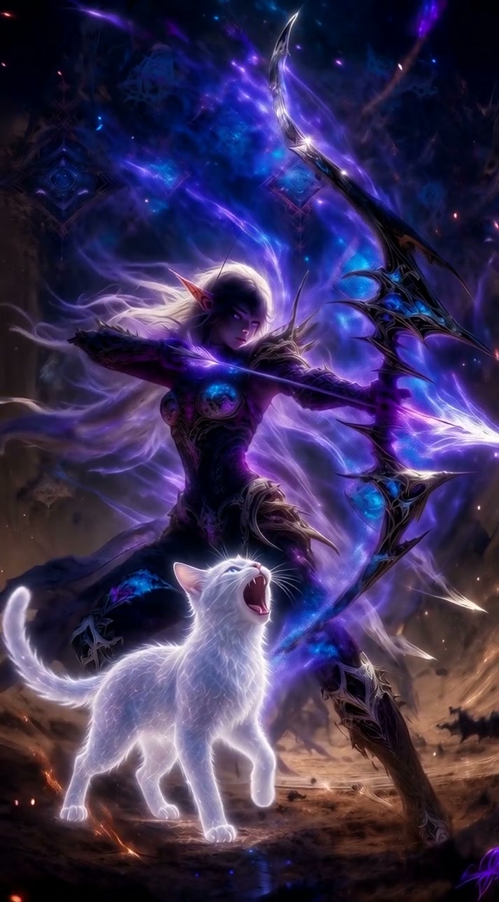 Dark fantasy night elf archer drawing a glowing enchanted bow beside a howling ethereal white spi...