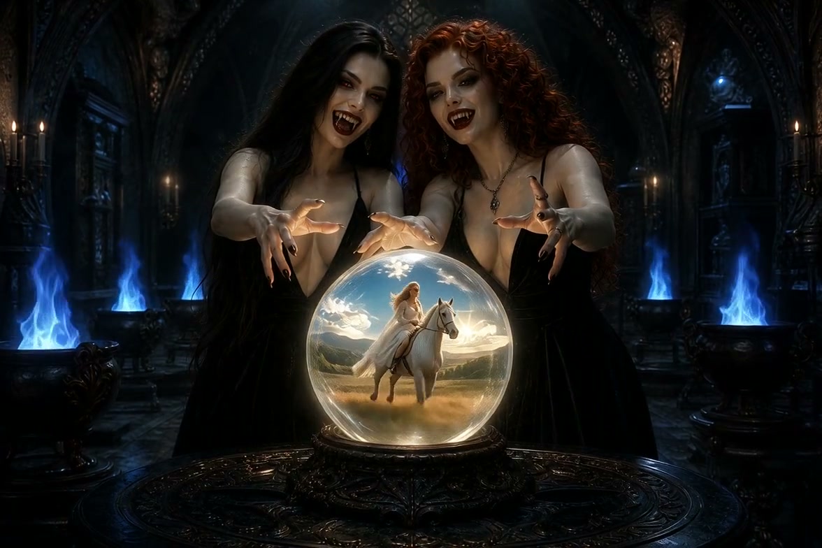 Two fanged vampire sorceresses reach for a glowing crystal ball showing a white horse rider in a ...