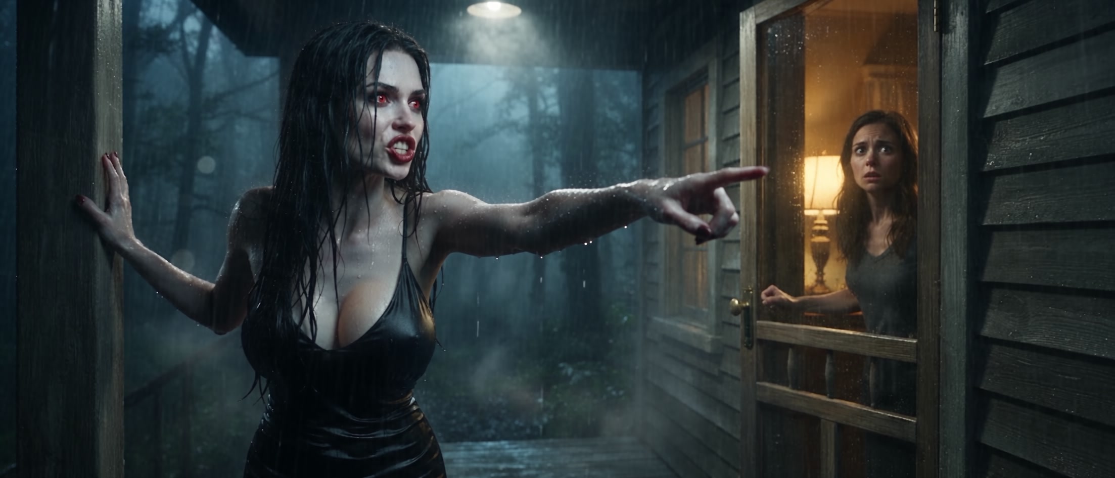 Menacing wet vampire with glowing red eyes points at a terrified woman standing in a lit cabin do...