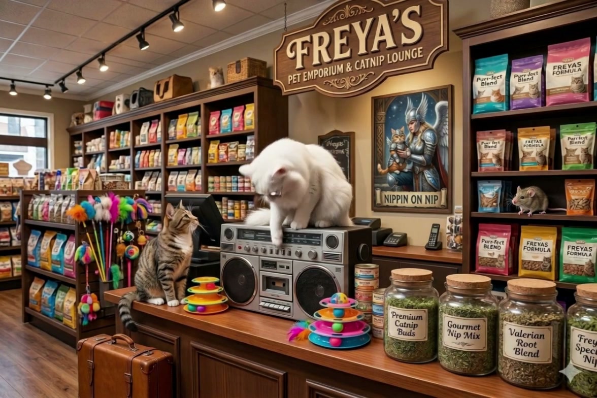 Two cats interact on the wooden counter of cozy Freya's Pet Emporium, one perched on a vintage bo...