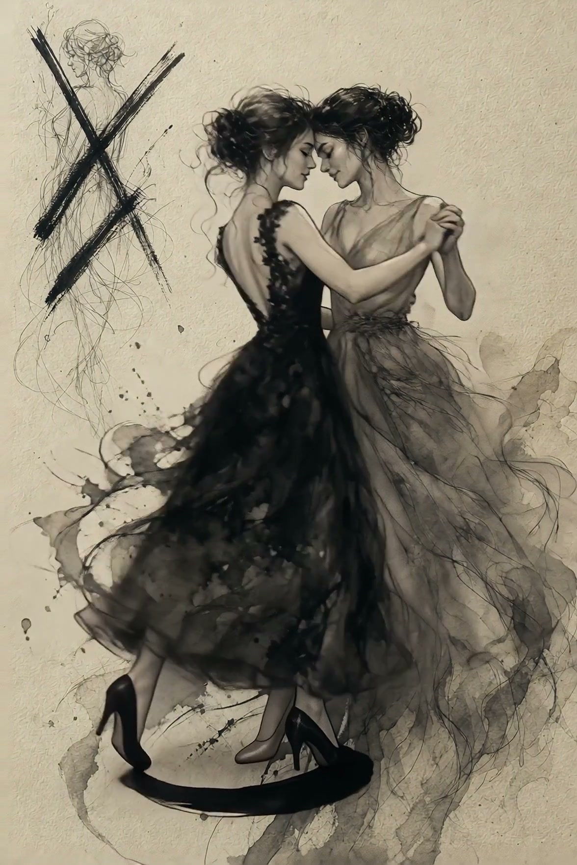 Sepia ink sketch of two elegant women in flowing gowns dancing closely, foreheads touching in a t...