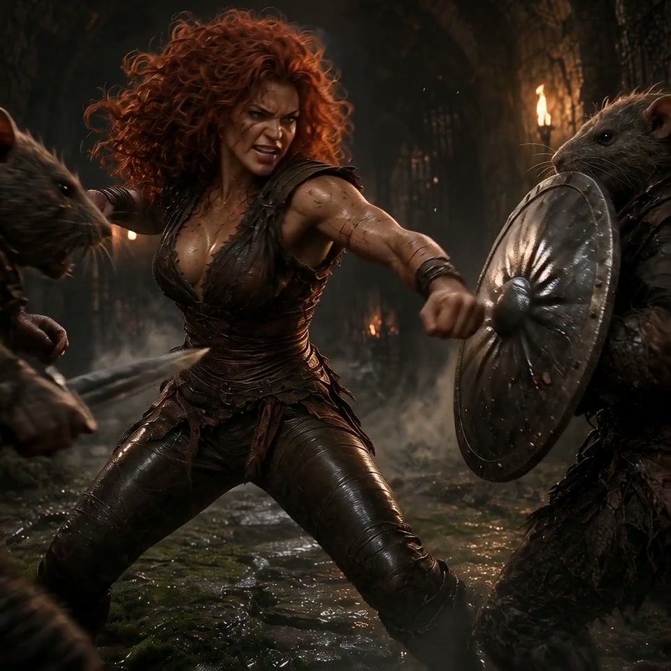 Fierce curly red-haired female barbarian warrior battles armored ratfolk enemies in a misty torch...