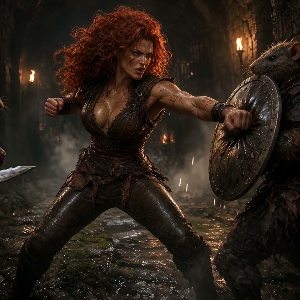 Fierce curly red-haired female barbarian warrior punches an armored rat foe during melee combat i...