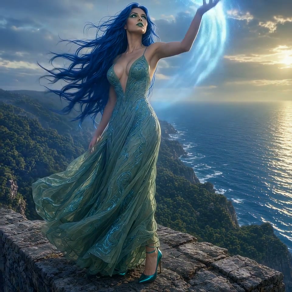 Fantasy sea goddess with flowing blue hair conjures glowing blue magic atop a coastal cliff at su...