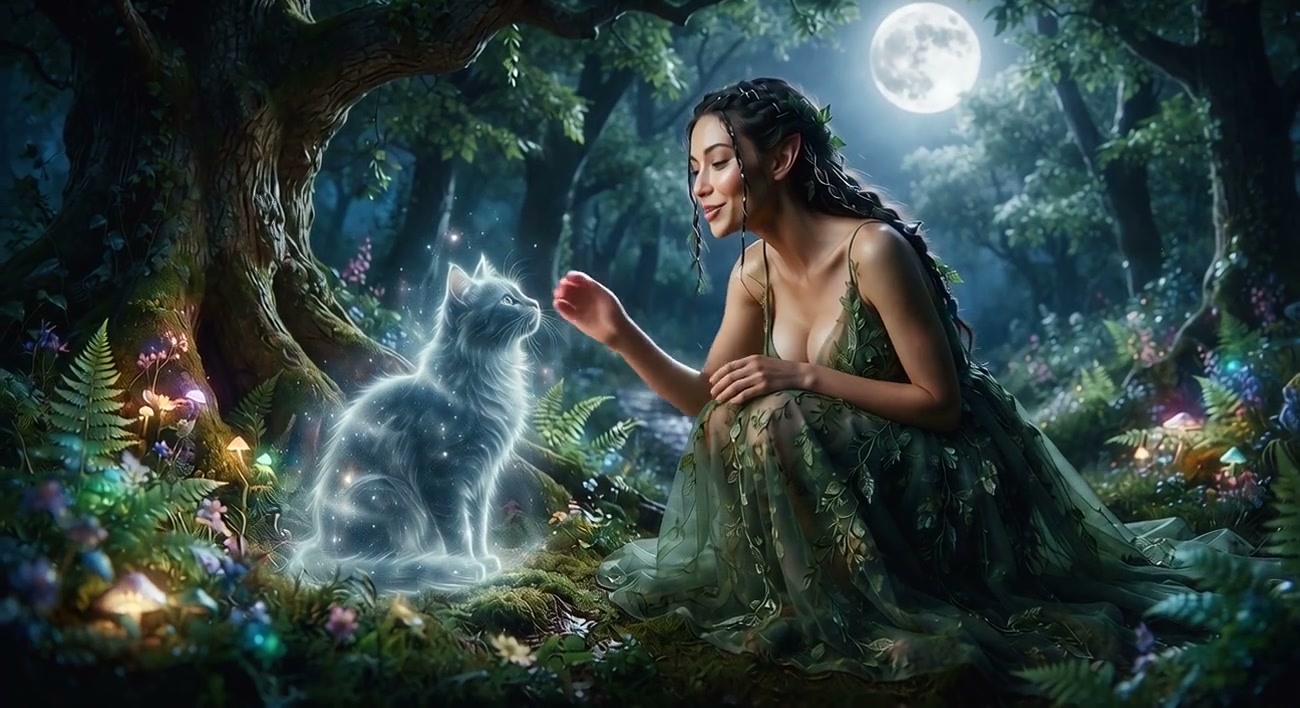 Elven woman in a leaf gown reaches to greet a glowing ethereal spirit cat in a moonlit enchanted ...
