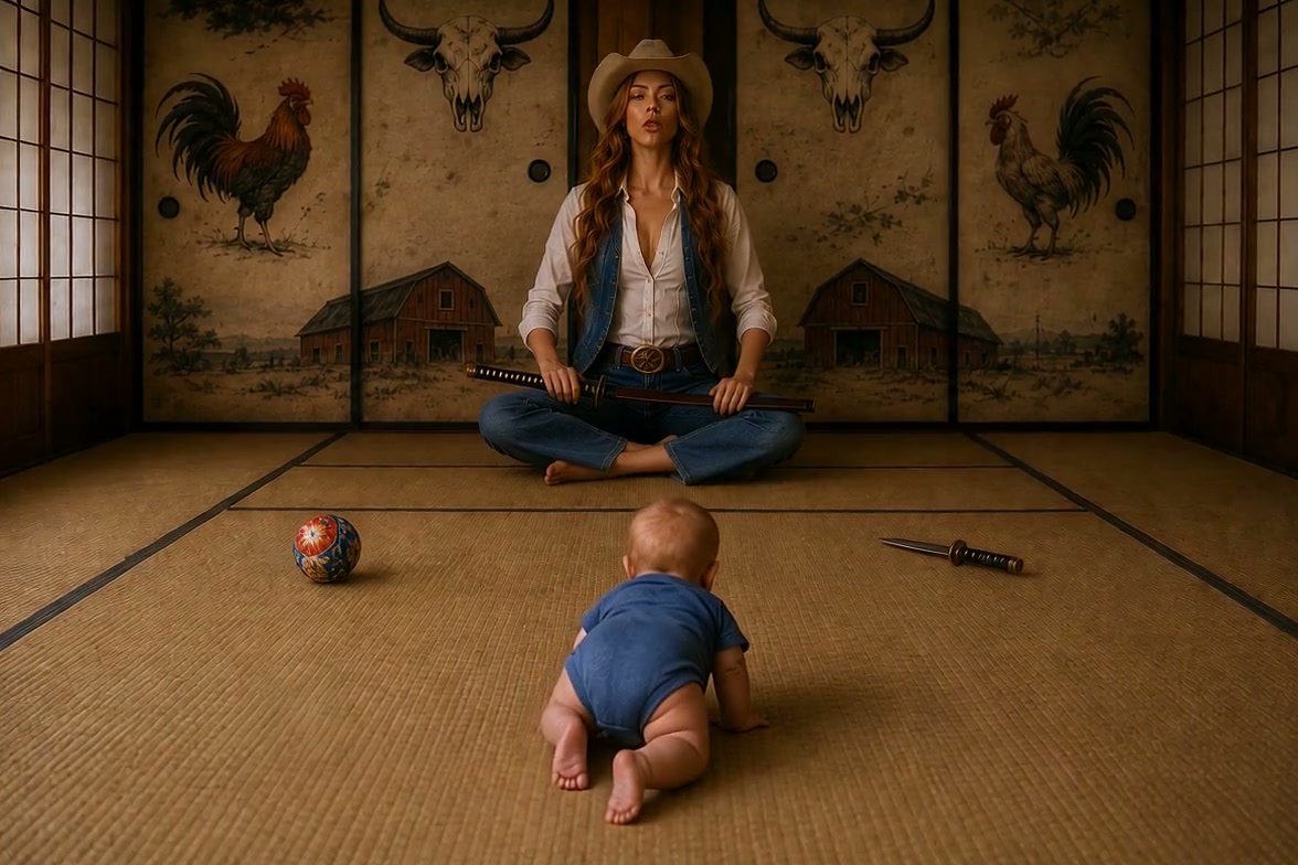 Cowgirl in a cowboy hat sits cross-legged holding a katana, facing a crawling baby on tatami floo...