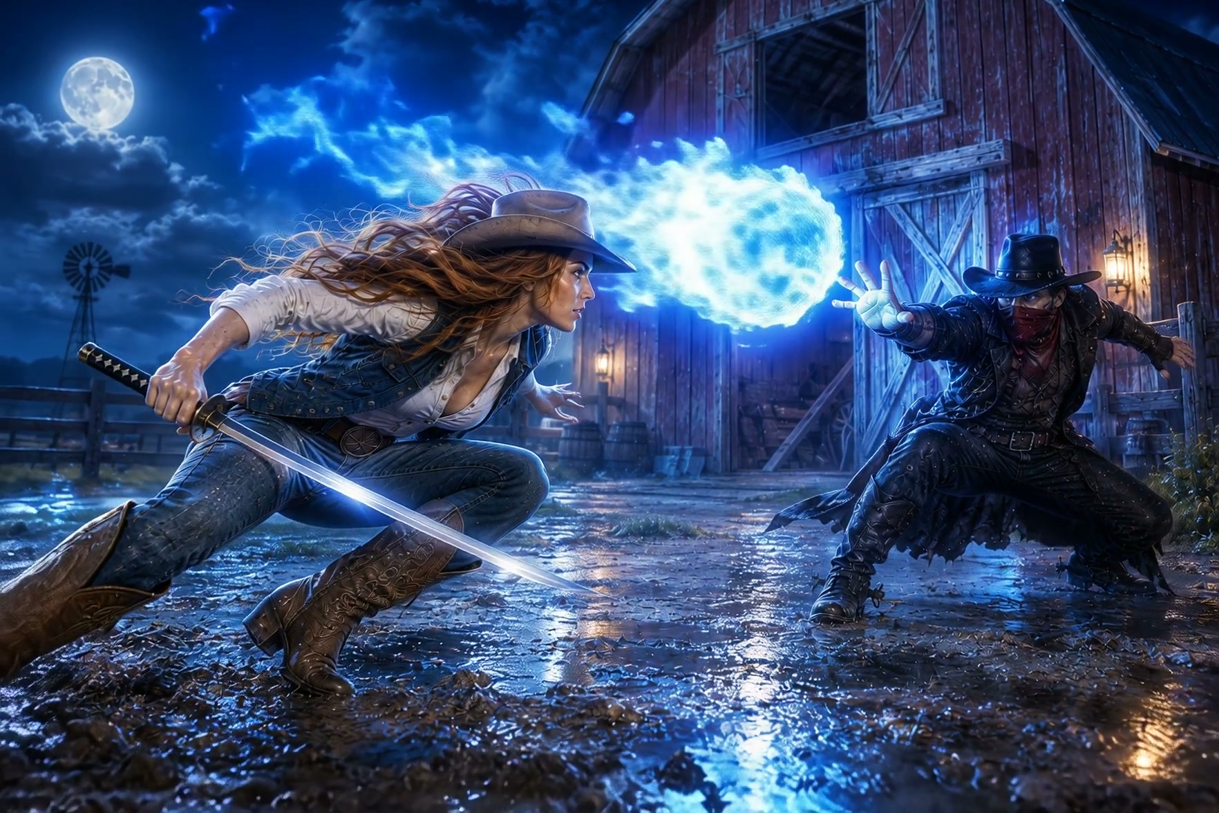Fantasy western duel: sword-wielding cowgirl faces masked magic user casting glowing blue orb out...