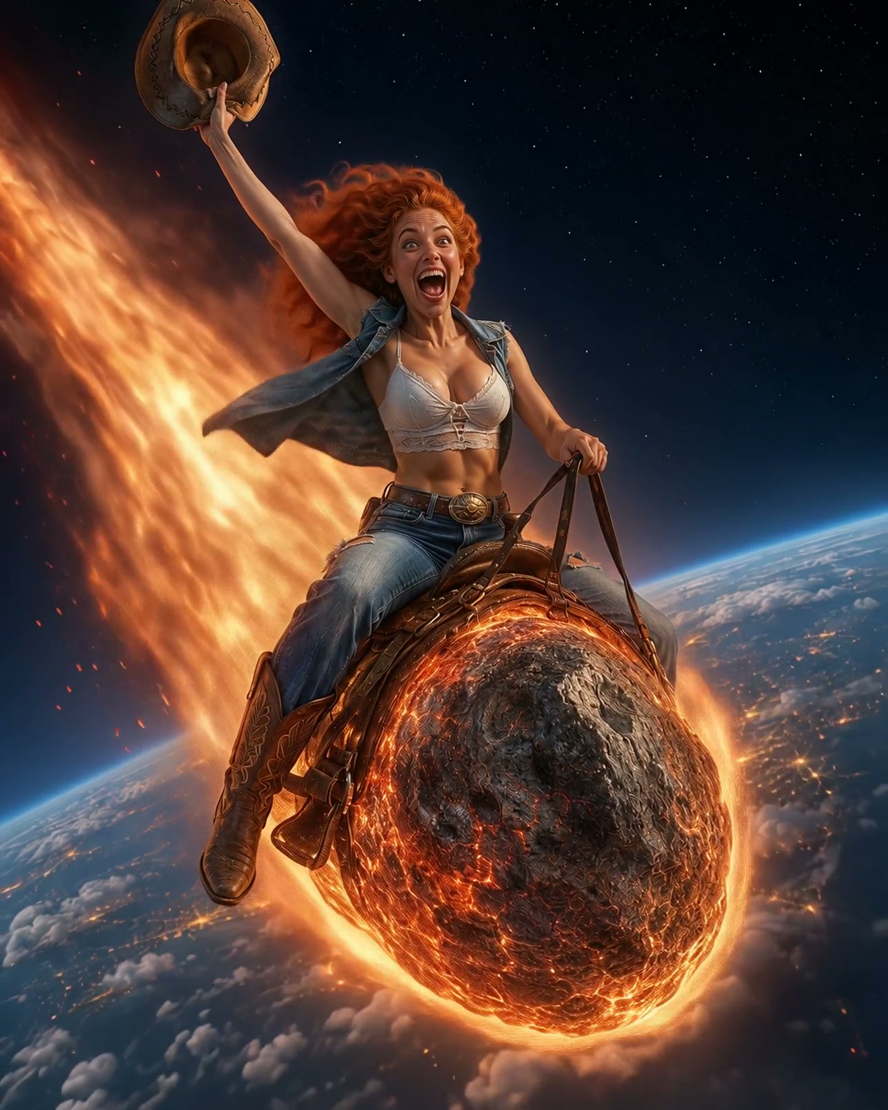 Joyful redhead cowgirl waves her hat while riding a flaming saddle-equipped meteor above Earth in...