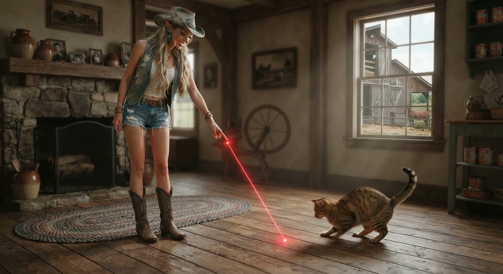 Elf woman in cowboy attire plays laser pointer with a curious tabby cat inside a sunlit rustic fa...