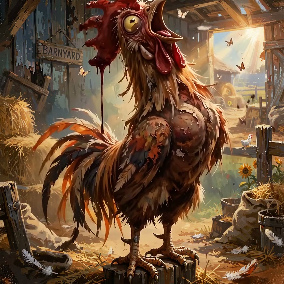Surreal exaggerated crowing rooster perched on a stump in a sunlit rustic barnyard barn
