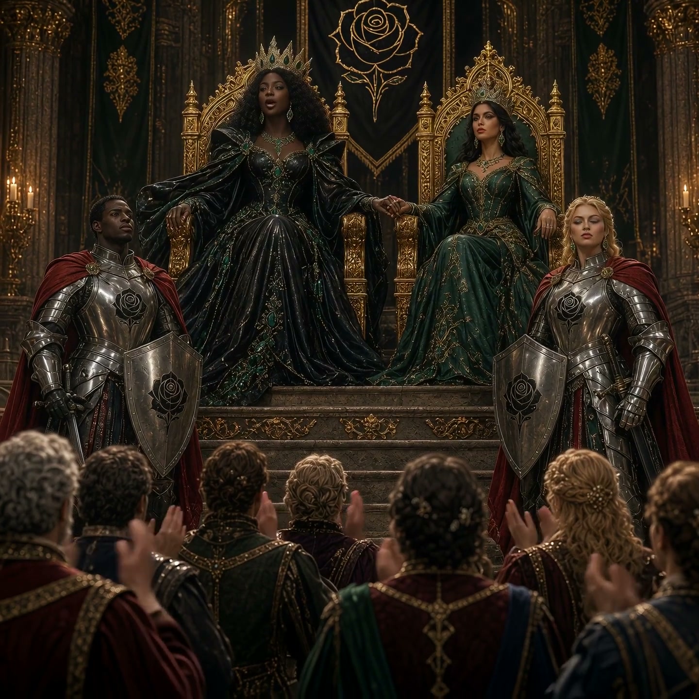 Two fantasy queens on gilded thrones flanked by rose-sigil knights, as court nobles applaud in an...